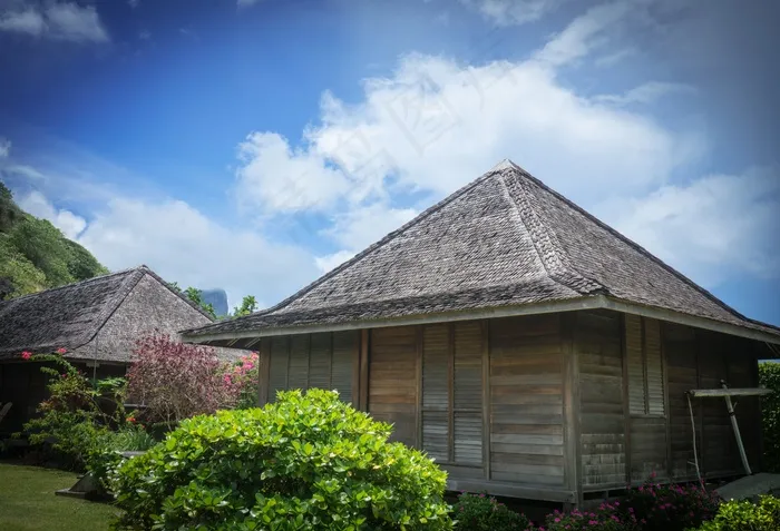 波拉波拉岛，景观，建筑，平房，花园