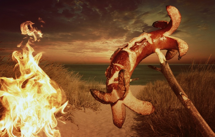 香肠，烧烤，烤，篝火，火，海滩