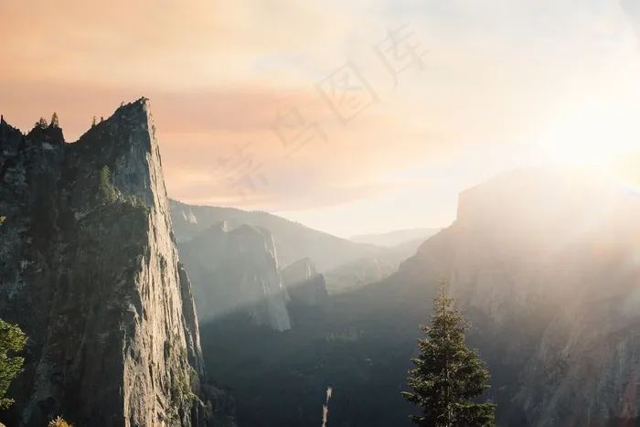 山峦,峡谷,天空,云雾,树,山地景观和日落时的树