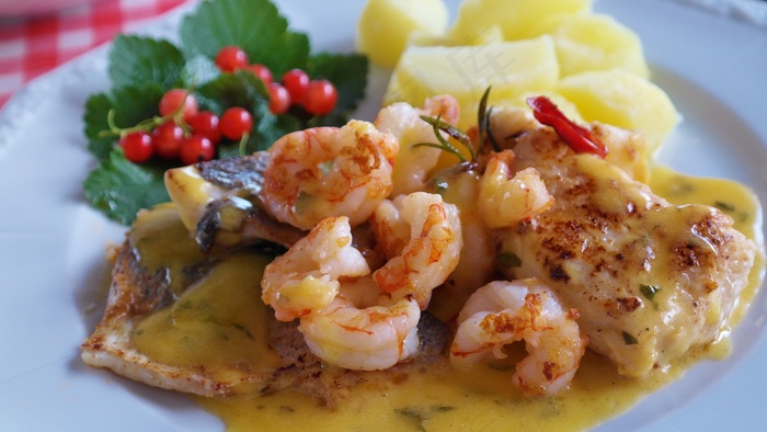 鱼，鱼板，Scampi，马铃薯，食品，吃