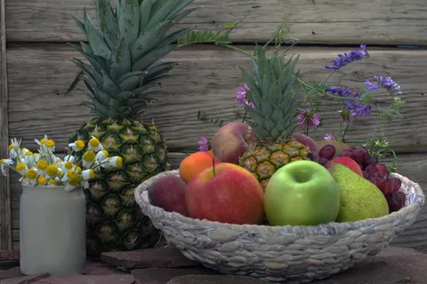 静物，水果，菠萝，水果碗，鲜花