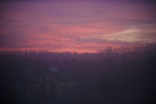 紫色，粉红色，日落，黄昏，天空，树木，房子，性质