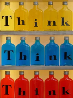 瓶，烙印，玻璃，想想，黄色，蓝色，红色