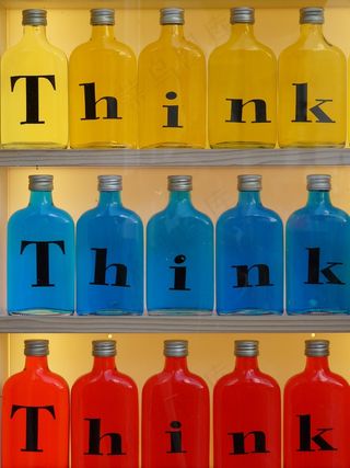 瓶，烙印，玻璃，想想，黄色，蓝色，红色