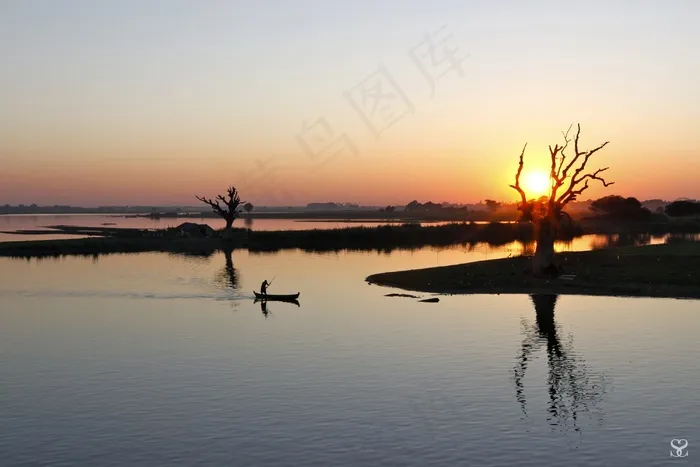 景观，日落，江，水机，缅甸，缅甸，独木舟