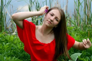 女孩，肖像，金色的头发，美女，红色，湖