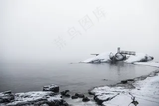 海岸，巨石，行人天桥，海岸，雪，冬季，岩石