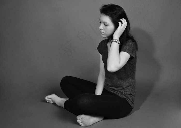 女孩，悲伤，肖像，黑色和白色，坐，他自己