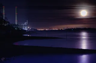 汉堡，月亮，天空，蓝色，夜，长时间曝光，水