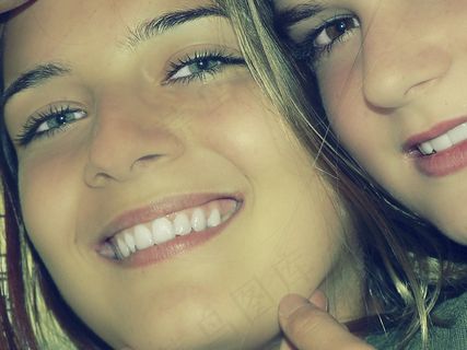 朋友，两个，女孩，微笑，年轻，肖像，女孩