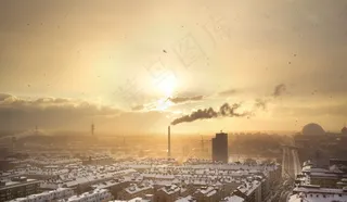 日落，天空，工业，烟，烟囱，建筑物