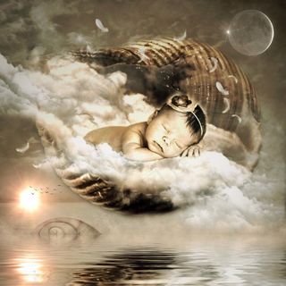 婴儿，薄壳，云团，羽毛，天空，太阳，月亮，明星