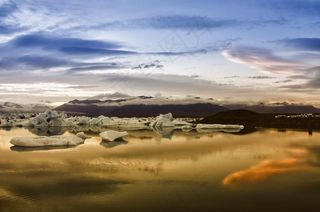 日落，冰山，水，冰，蓝色，天空，冰岛