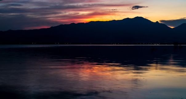 湖，海景，日落，Abendstimmung，云