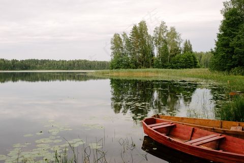湖泊,金属栏杆,树,木船,天空,在湖上划船