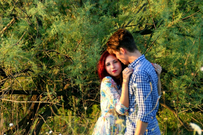 婚纱写真,美女,花海,麦田,松林,年轻的男人和女人在灌木丛中拥抱