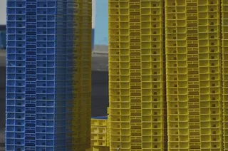 板条箱，塑料，堆叠，颜色，码头，黄色，蓝色