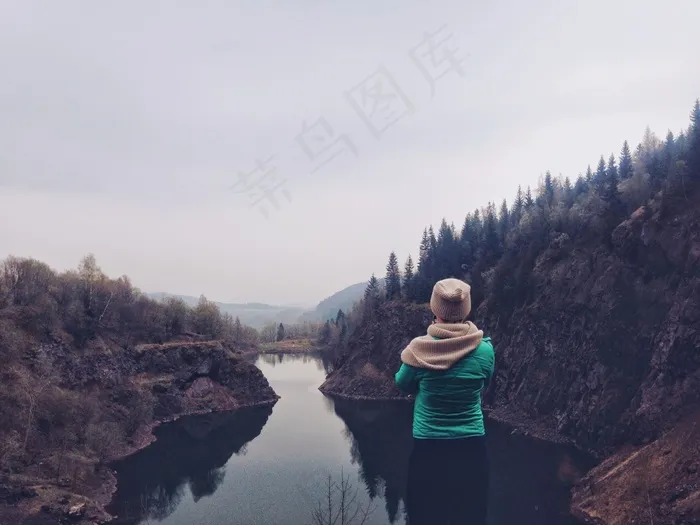 景观，江，水，山，树木，女孩，女人