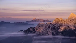 山，雾，雾，云团，日落，晚上，发光