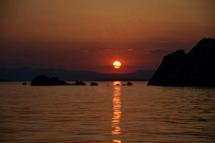 日落，海，岛，平静，岩石