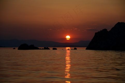 日落，海，岛，平静，岩石