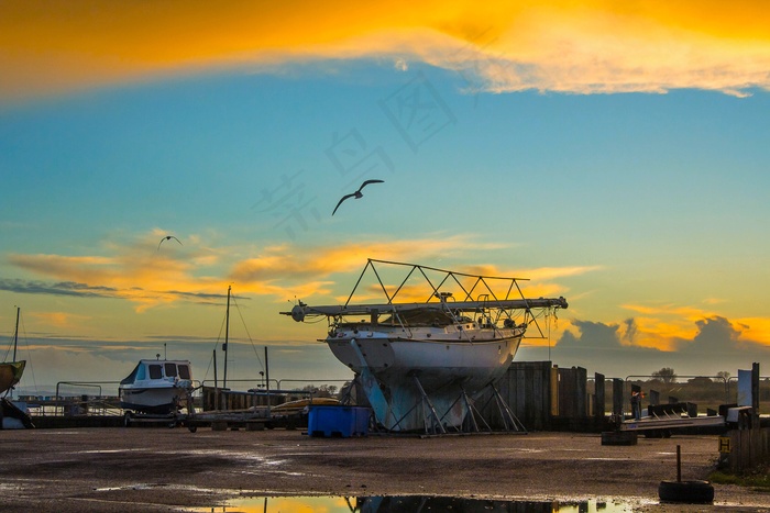 Calshot，日落，天空，船，美国