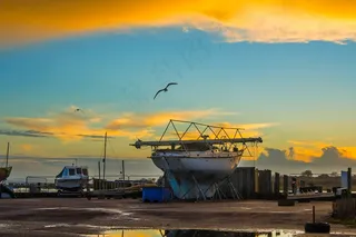Calshot，日落，天空，船，美国