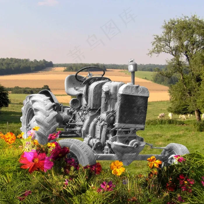 拖拉机，蒙太奇，鲜花
