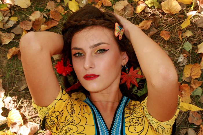 女孩，秋，叶子，肖像，植被，美