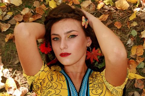 女孩，秋，叶子，肖像，植被，美