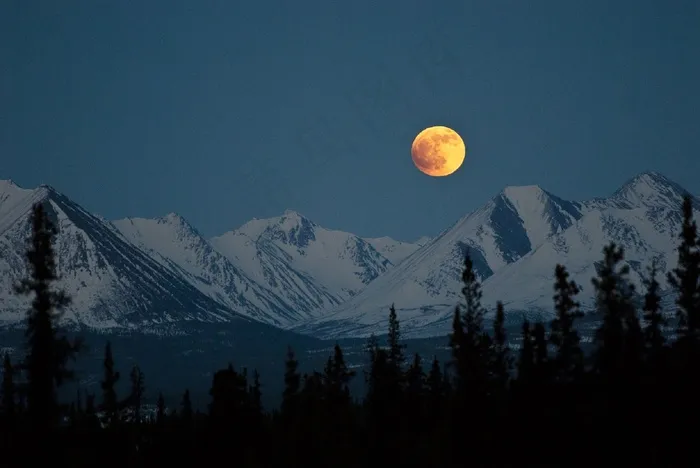 山，夜，满月，风景，天空，雪
