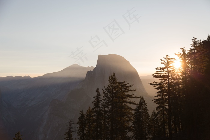 山峦,云雾,天空,树,风景,山顶Ti-Sa-Ach优胜美地国家公园半穹顶