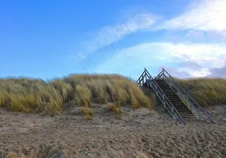 北海，海，海滩，涌现，楼梯，木材，沙丘