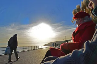 红色，人，日落，散步，海滨，冬天