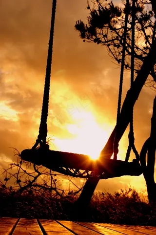 日落，秋千，云，金色，阴影