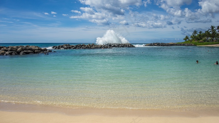 环礁湖，柯奥利纳岛，瓦胡岛，夏威夷，波浪，岩石，海滩