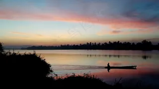 日出，天空，河，湄公河，划艇，钓鱼