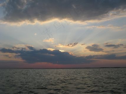 海洋，日出，日落，天空，蓝色，云，多云