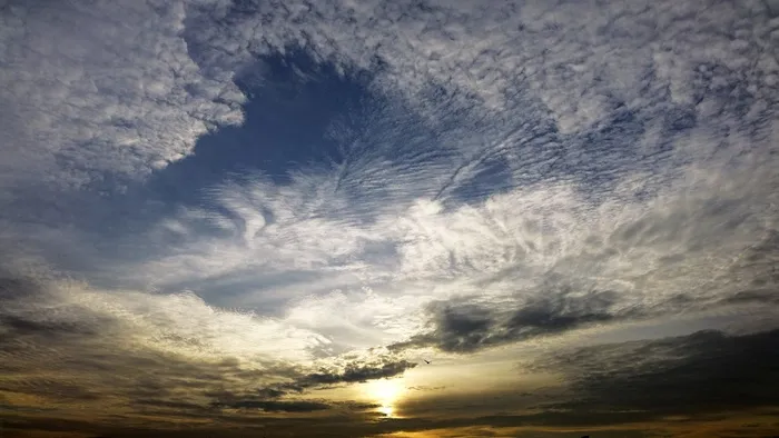 日落，天空，蓝色，阳光，云，地平线