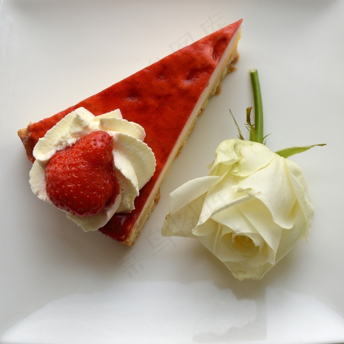 蛋糕，切片，浇头，草莓，玫瑰，白，甜