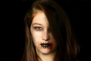 头发,美女,人脸,女孩,缝制的嘴唇的年轻女子的画像