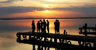 日落，太阳，阿尔布费拉，巴伦西亚，西班牙，湖