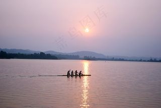 水，日出，船，人，海滩，日落，户外