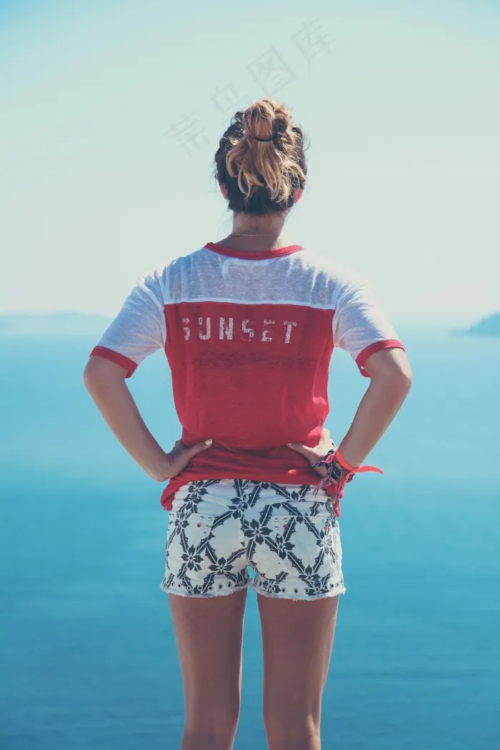 女孩，寻找，短裤，阳光明媚，夏天，蓝色，天空，水