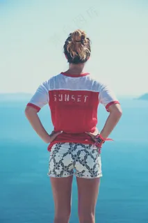 女孩，寻找，短裤，阳光明媚，夏天，蓝色，天空，水