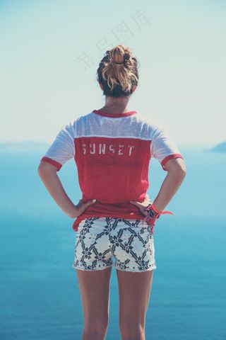 女孩，寻找，短裤，阳光明媚，夏天，蓝色，天空，水