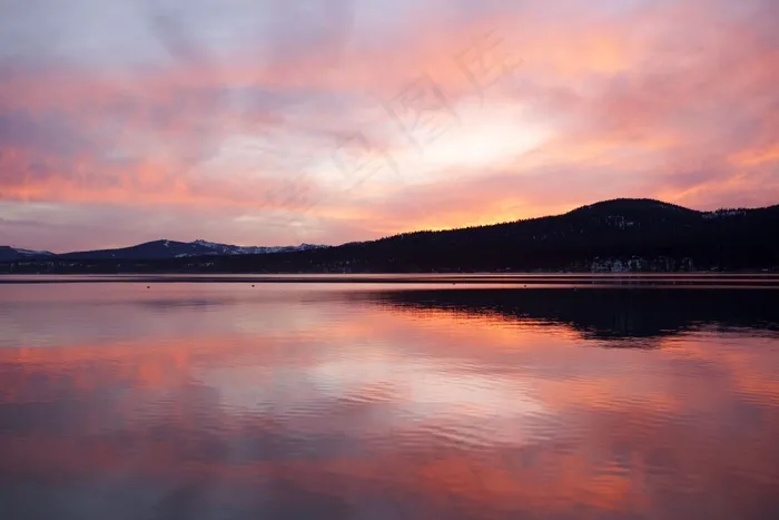 日落，山，湖，晚上，加利福尼亚州，太阳