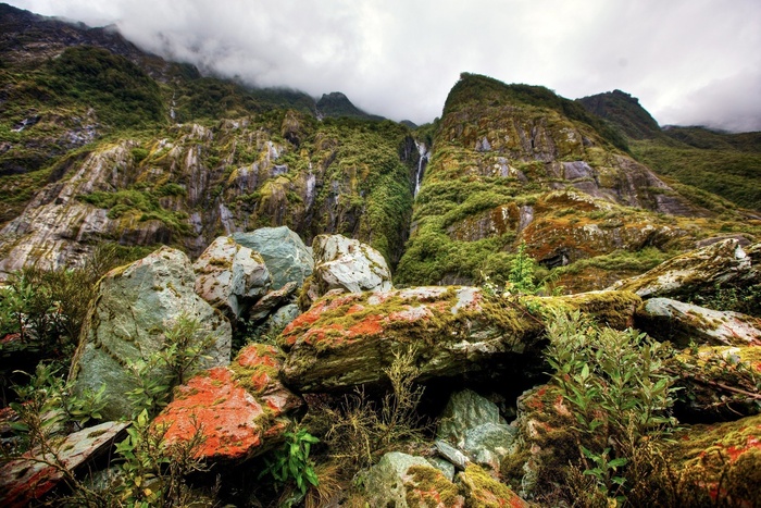 山峦,冰岛苔,峡谷,海洋,江河,戏剧性的天空下的雨林