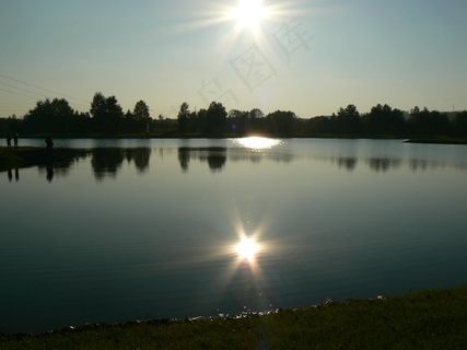 池塘，太阳，水，日落