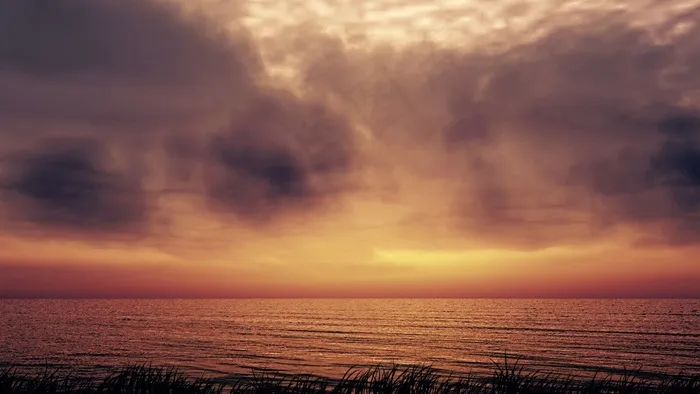 日落，海，云，剪影，余辉，草